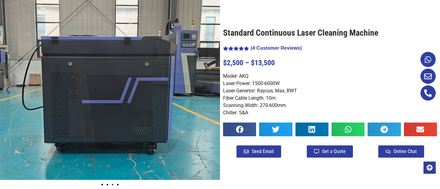 AccTek AKQ-1500 Standard Continuous Laser Cleaning Machine product hero showing price range and key specs
