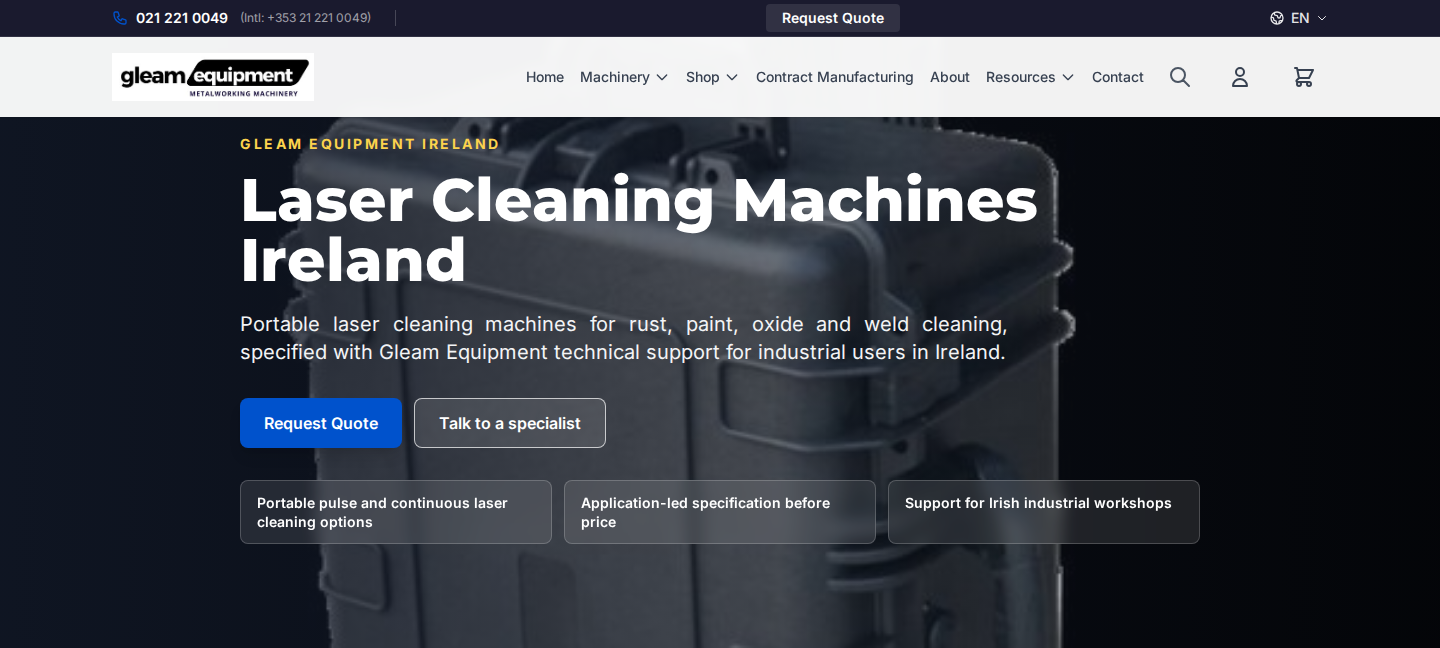 Gleam Equipment laser cleaning machines Ireland page hero with headline, value props and Request Quote CTA