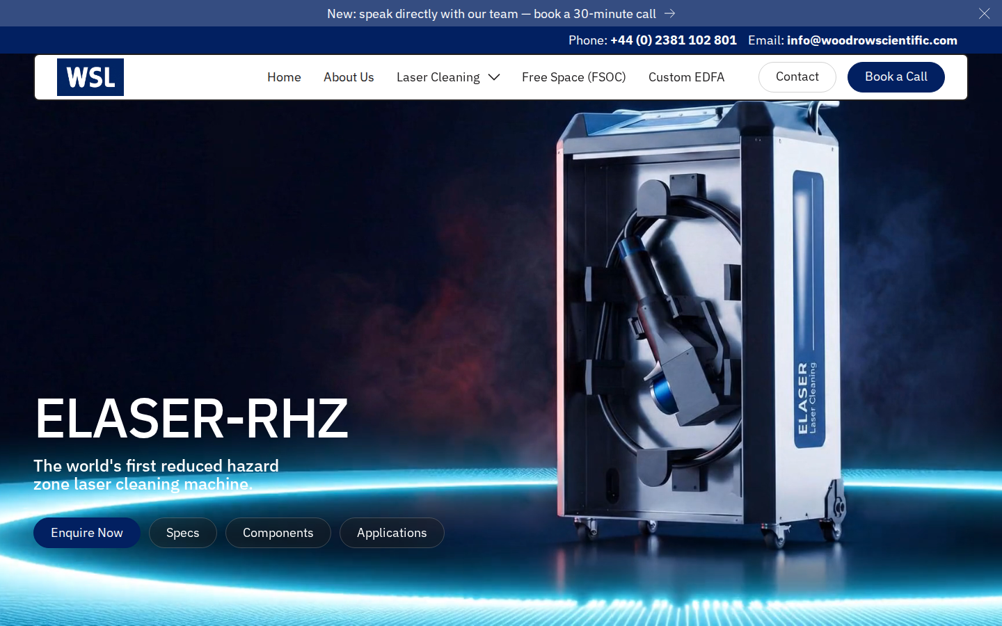 ELASER-RHZ product hero on Woodrow Scientific — wheeled laser cleaning machine with headline and primary CTA