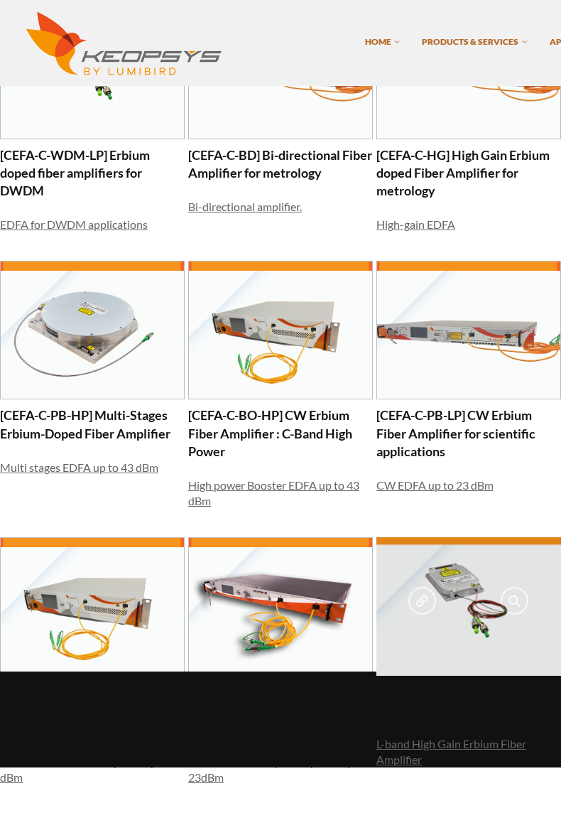Keopsys CEFA family grid on keopsys.com — C-band and L-band sub-models with product photos and descriptors