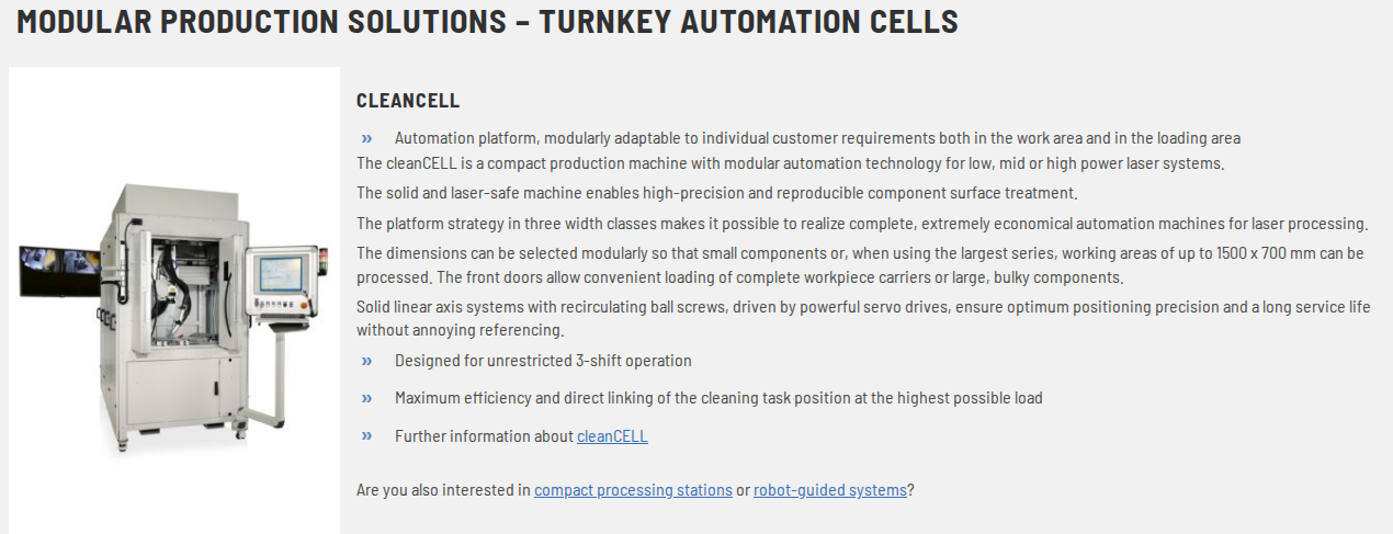 cleanLASER cleanCELL 2220 enclosed laser cleaning automation cell on the turnkey solutions page