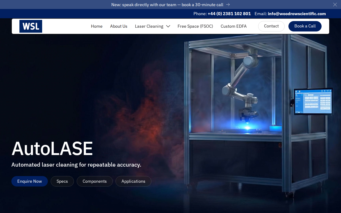 AutoLASE automated laser cleaning system hero on Woodrow Scientific — headline, sub-headline, and primary CTA buttons