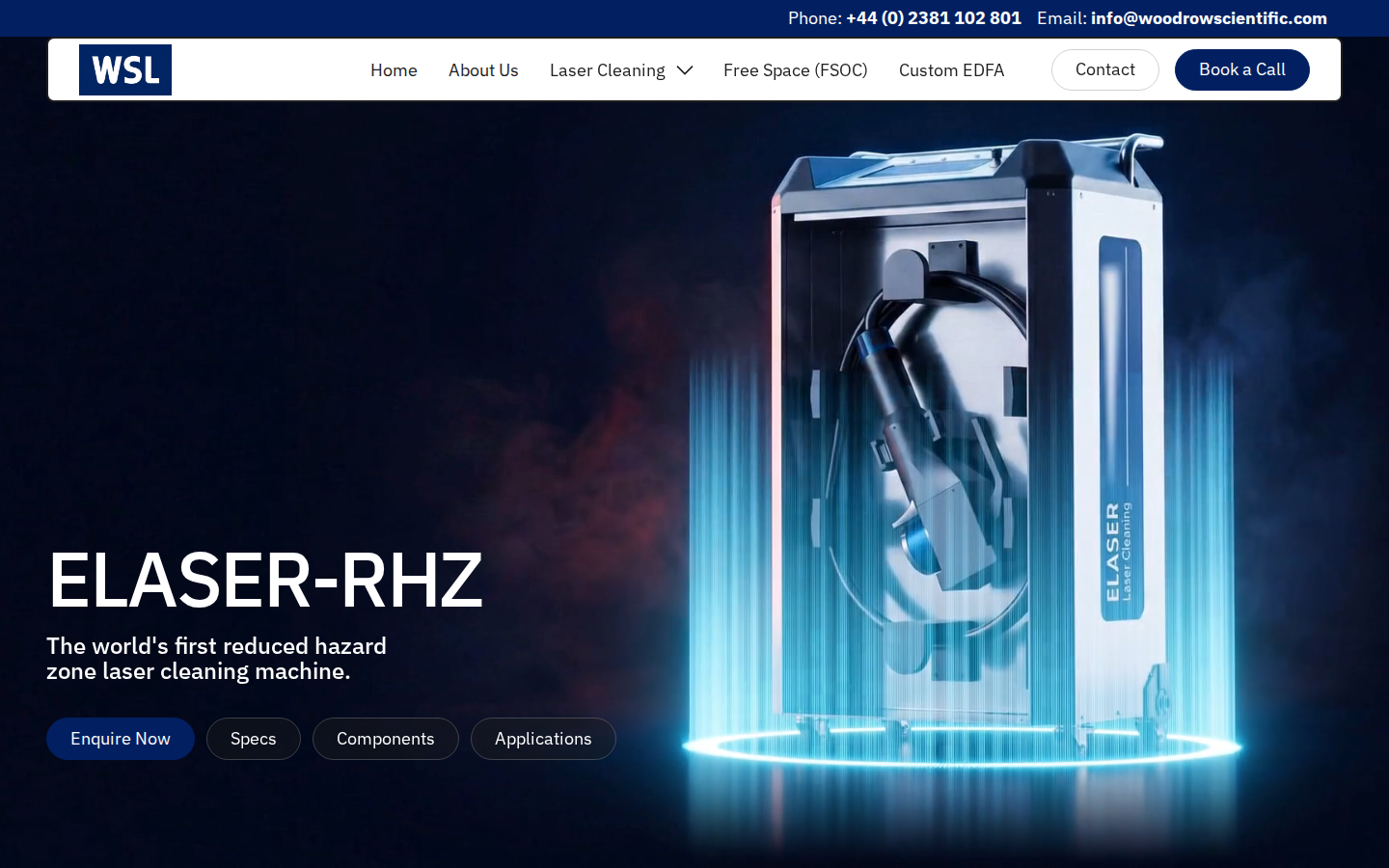ELASER-RHZ product hero on Woodrow Scientific Limited — headline, sub-headline, and cinematic system visual