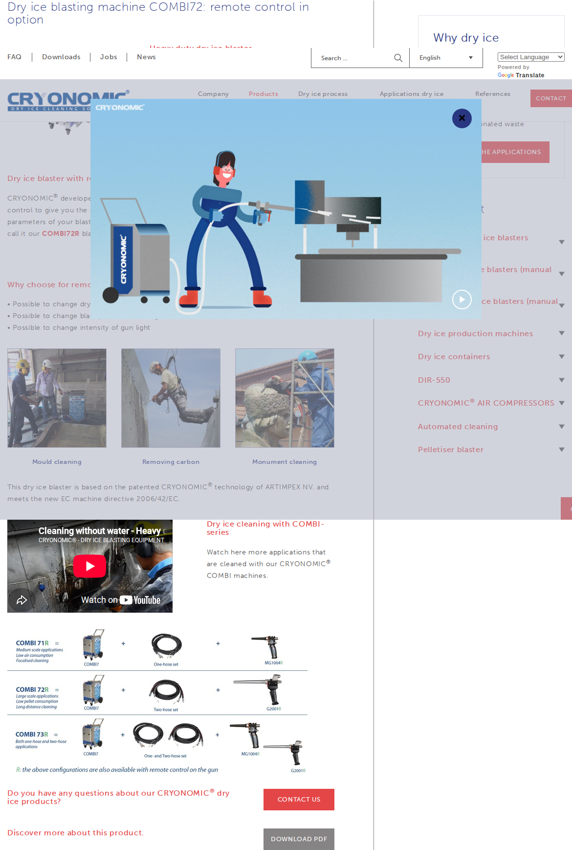CRYONOMIC COMBI72 heavy-duty dry ice blasting machine product hero showing the wheeled industrial unit