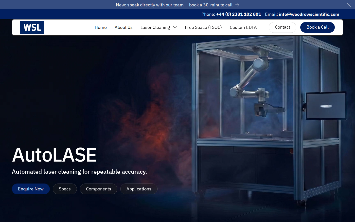 AutoLASE automated robotic laser cleaning cell hero on Woodrow Scientific with headline and sub-head