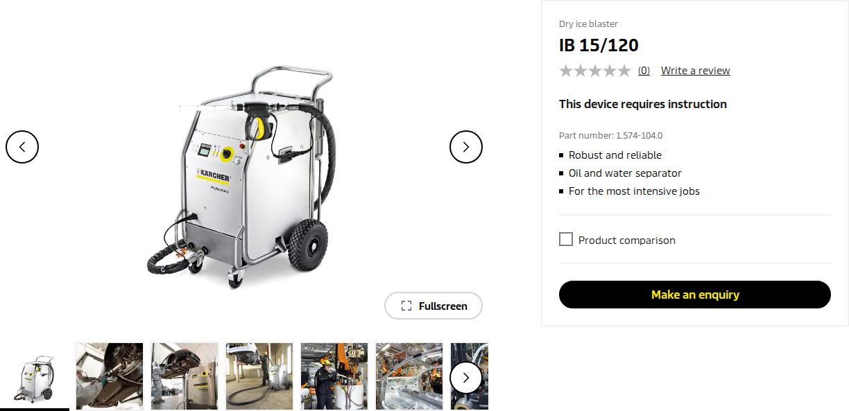 Kärcher IB 15/120 dry ice blaster product hero on karcher.com/ie, showing machine image, headline, and key feature callouts