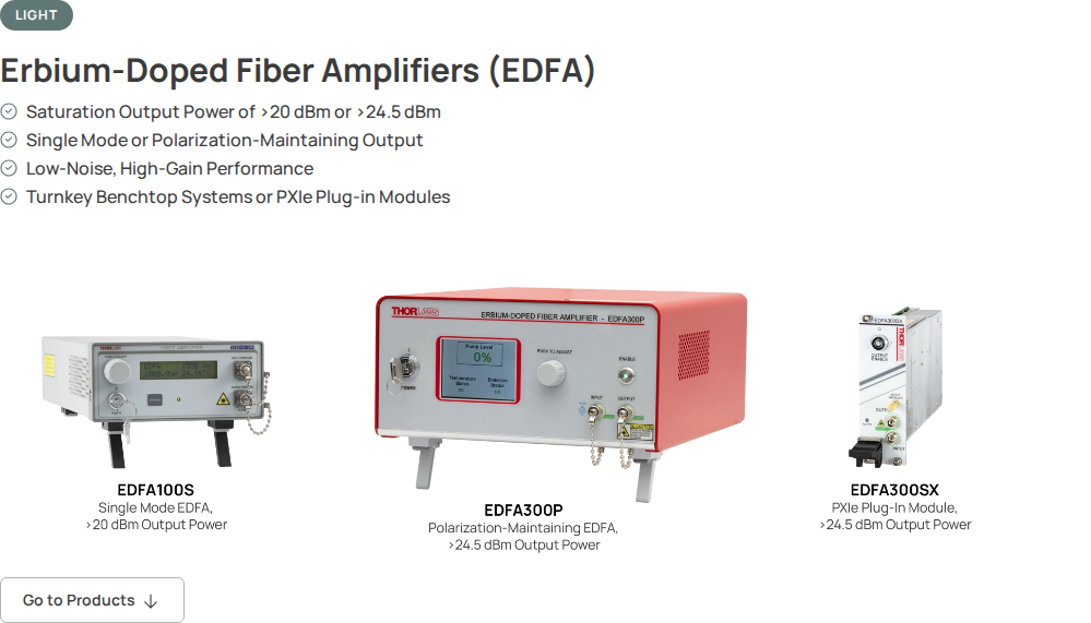 Thorlabs EDFA100 and EDFA300 C-band erbium-doped fibre amplifier family hero with product photo and feature highlights