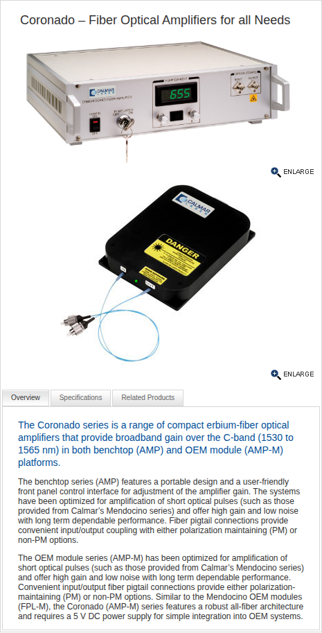 Calmar Laser Coronado EDFA product page hero with benchtop AMP and OEM module AMP-M variant images and platform descriptions