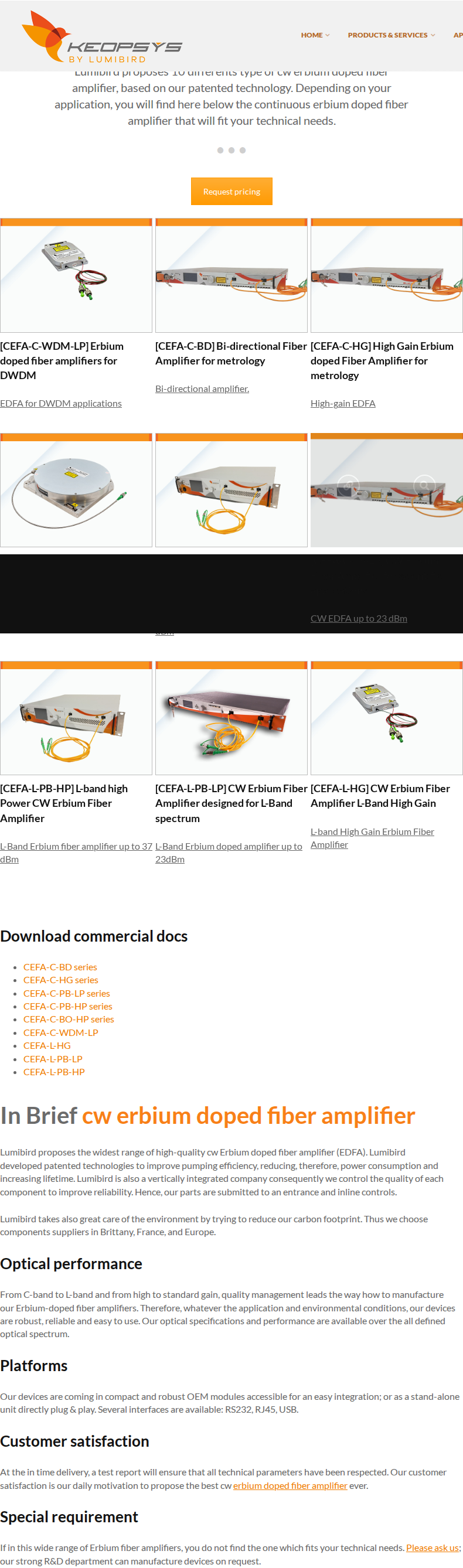 Keopsys CEFA family overview page showing nine CW erbium-doped fibre amplifier product families across C-band and L-band