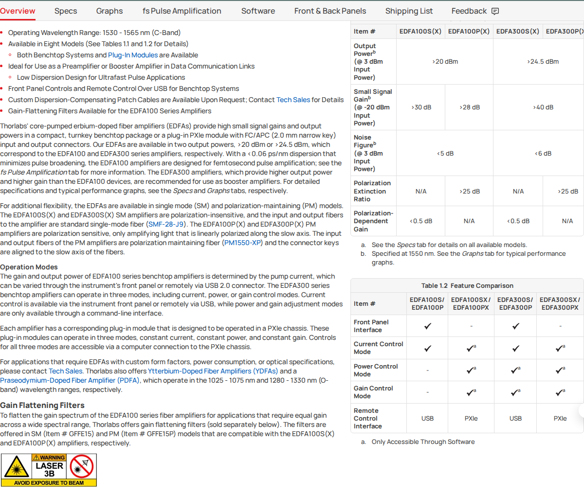Thorlabs EDFA product page Key System Specifications and Feature Comparison tables for EDFA100 and EDFA300 series