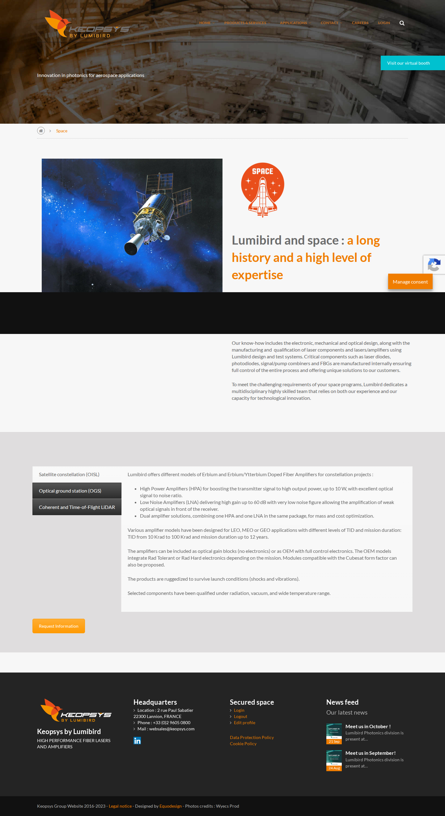 Keopsys aerospace applications page hero showing space photonics headline and OISL, OGS, and LiDAR application categories