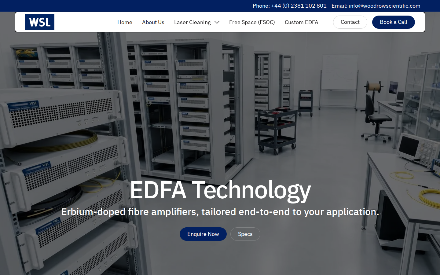 Woodrow Scientific Limited Custom EDFA hero — headline, value proposition, and product imagery on the EDFA page