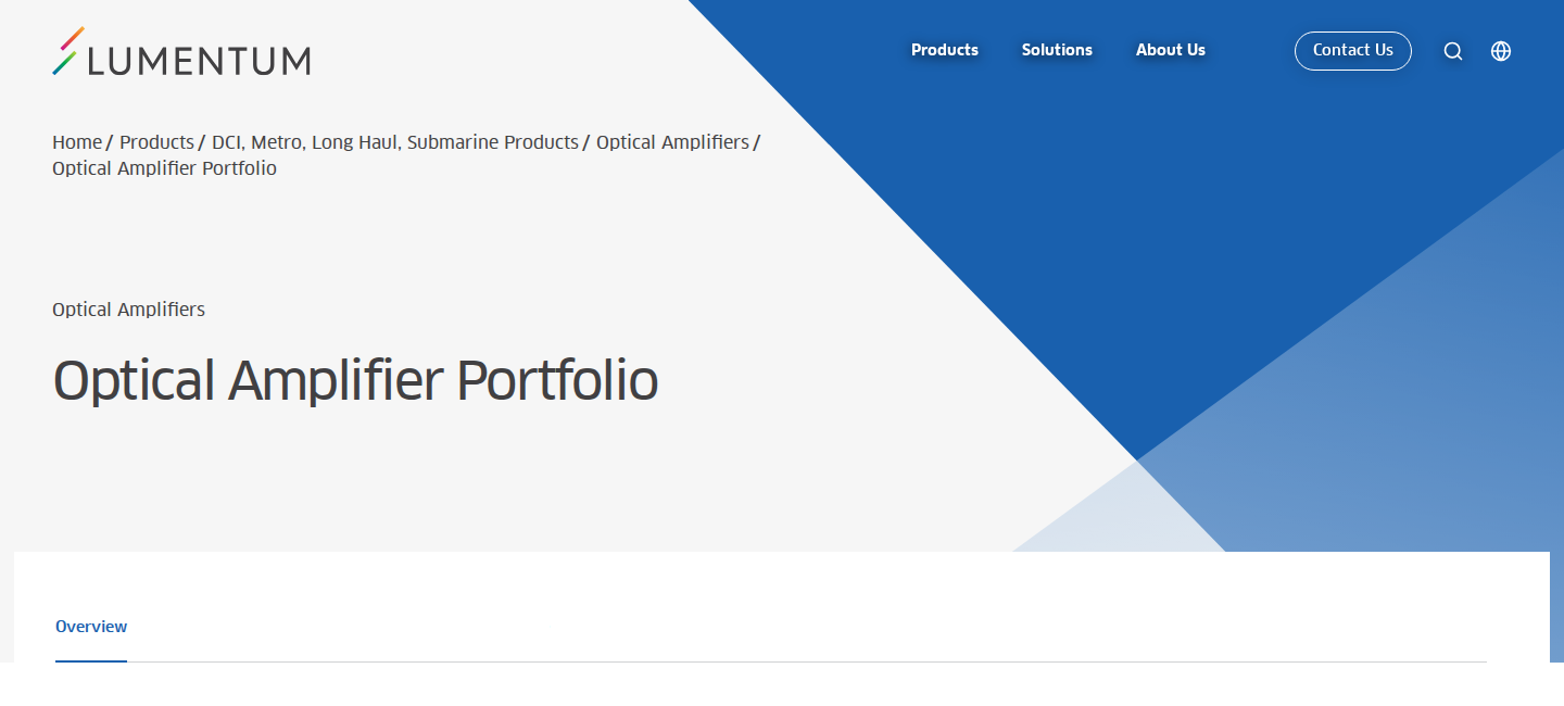 Lumentum Optical Amplifier Portfolio page hero with headline, section navigation, and product family imagery