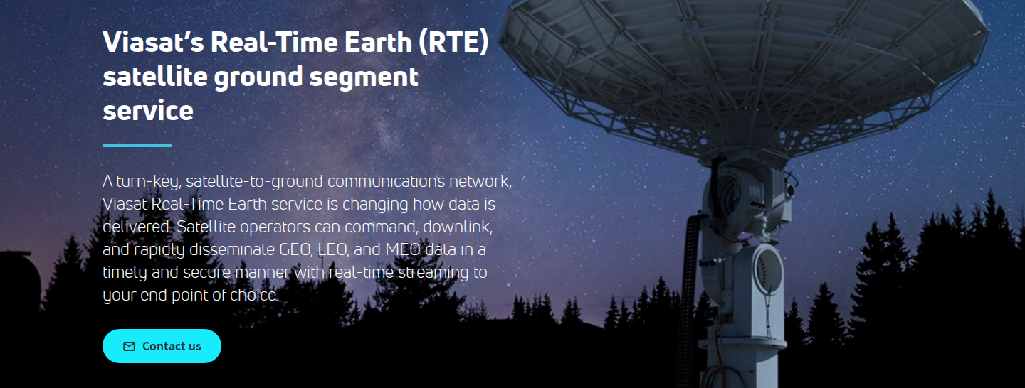 Viasat Real-Time Earth product page hero with headline, sub-headline, and Contact Us CTA