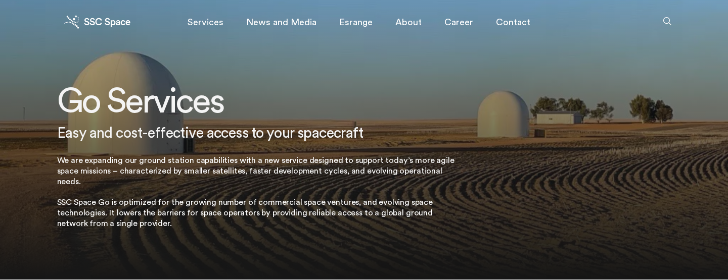 SSC Space Go hero: 'Go Services' headline, sub-headline, and ground station value proposition