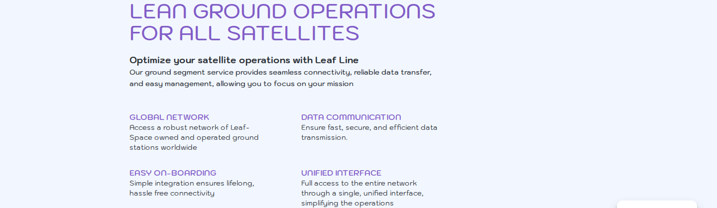 Leaf Line by Leaf Space hero — 'Ground segment as a service' headline with network value-proposition pillars