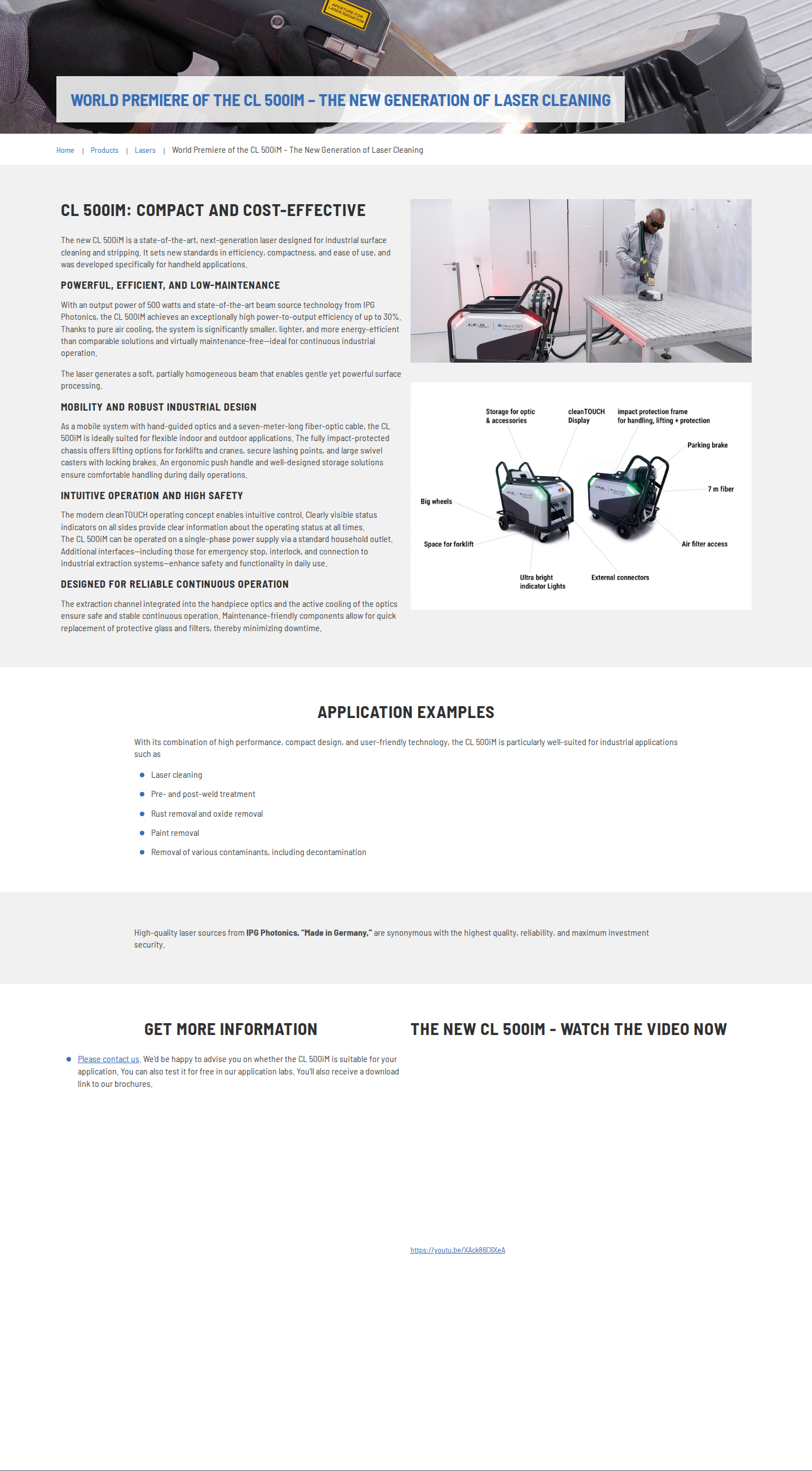 cleanLASER CL 500iM mobile laser cleaning system hero — product headline and industrial application photograph