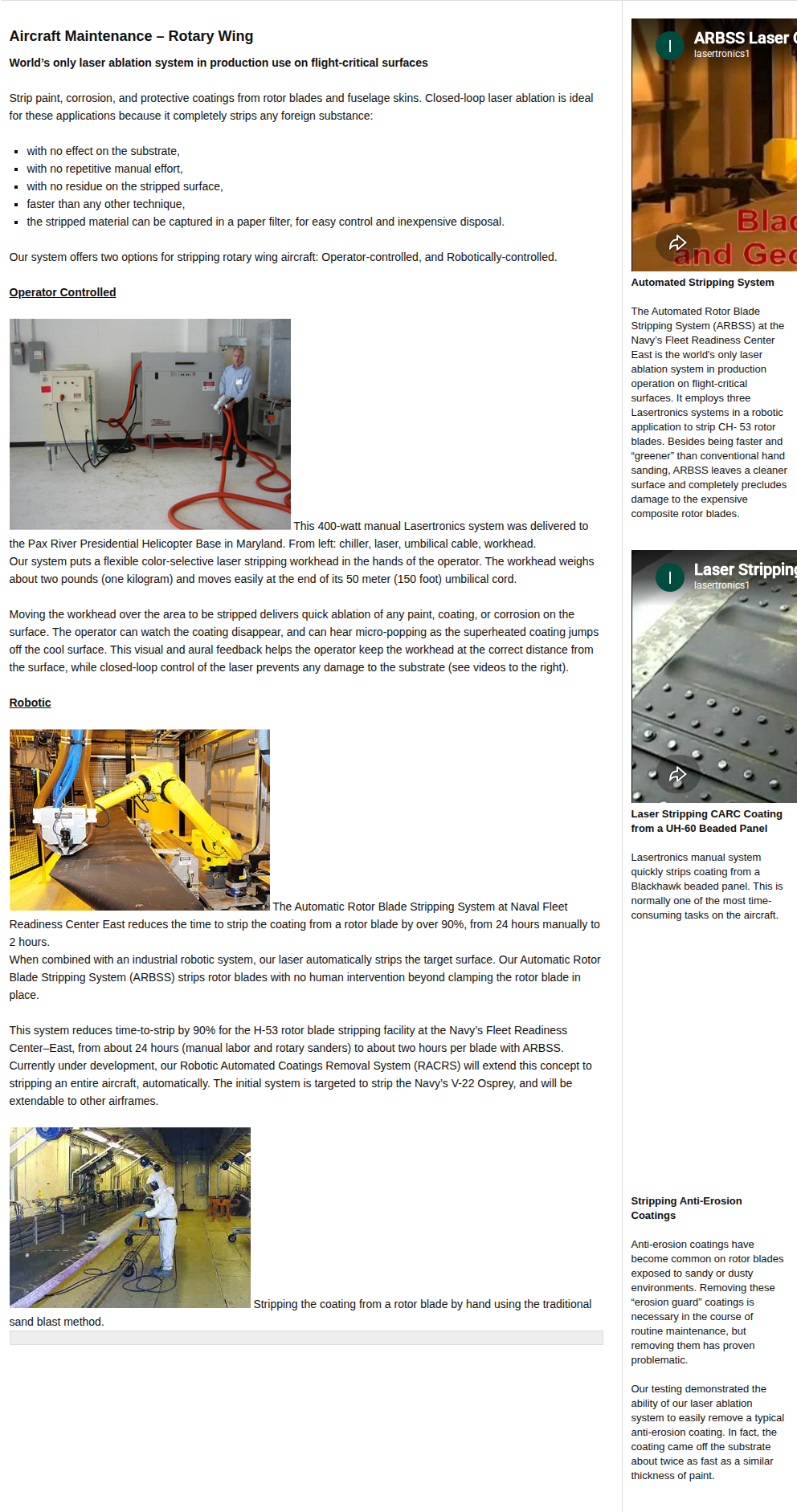 Lasertronics rotary wing page: ARBSS robotic system and handheld workhead on helicopter rotor blades