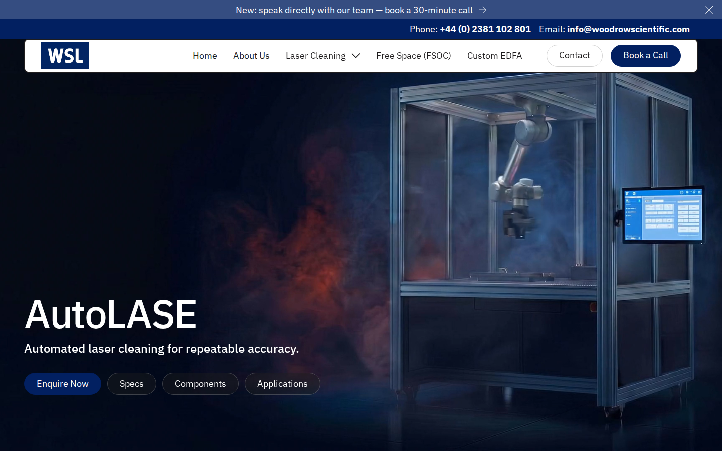 AutoLASE robotic laser cleaning cell hero on Woodrow Scientific with headline and sub-headline