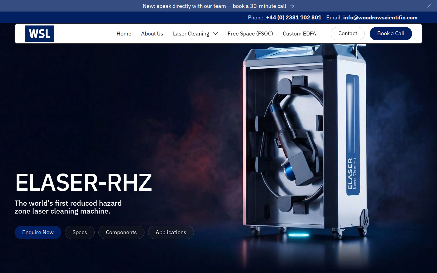 ELASER-RHZ hero on Woodrow Scientific — wheeled laser cleaning unit, headline and reduced hazard zone sub-headline