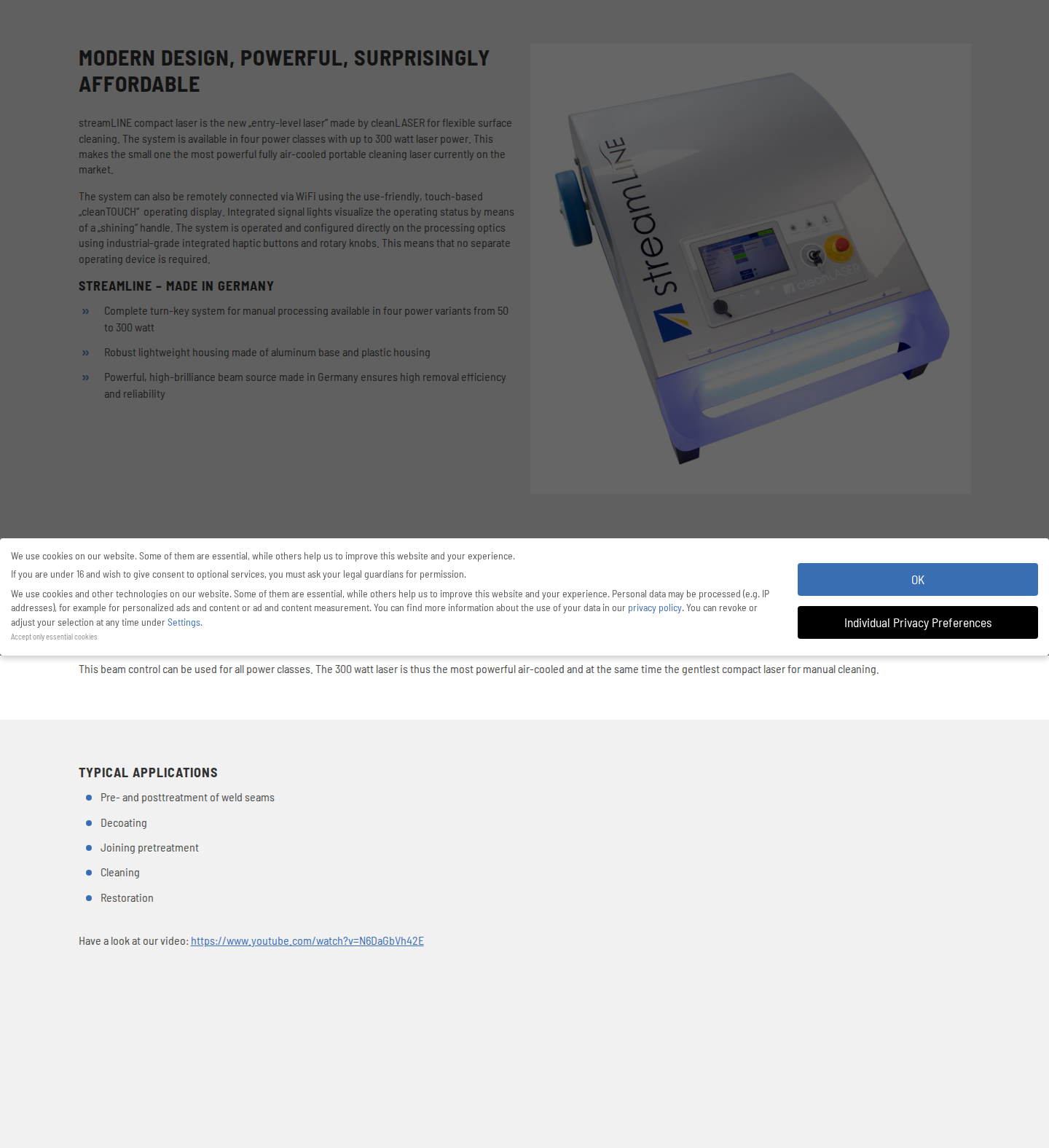 cleanLASER streamLINE compact laser product hero with headline and compact laser unit image on the vendor website