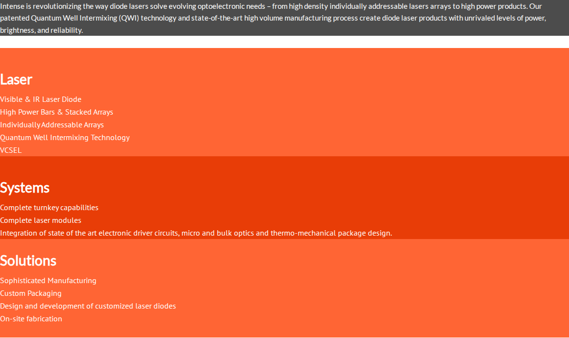 Intense homepage hero: QWI diode laser brand headline and Laser / Systems / Solutions product category panel