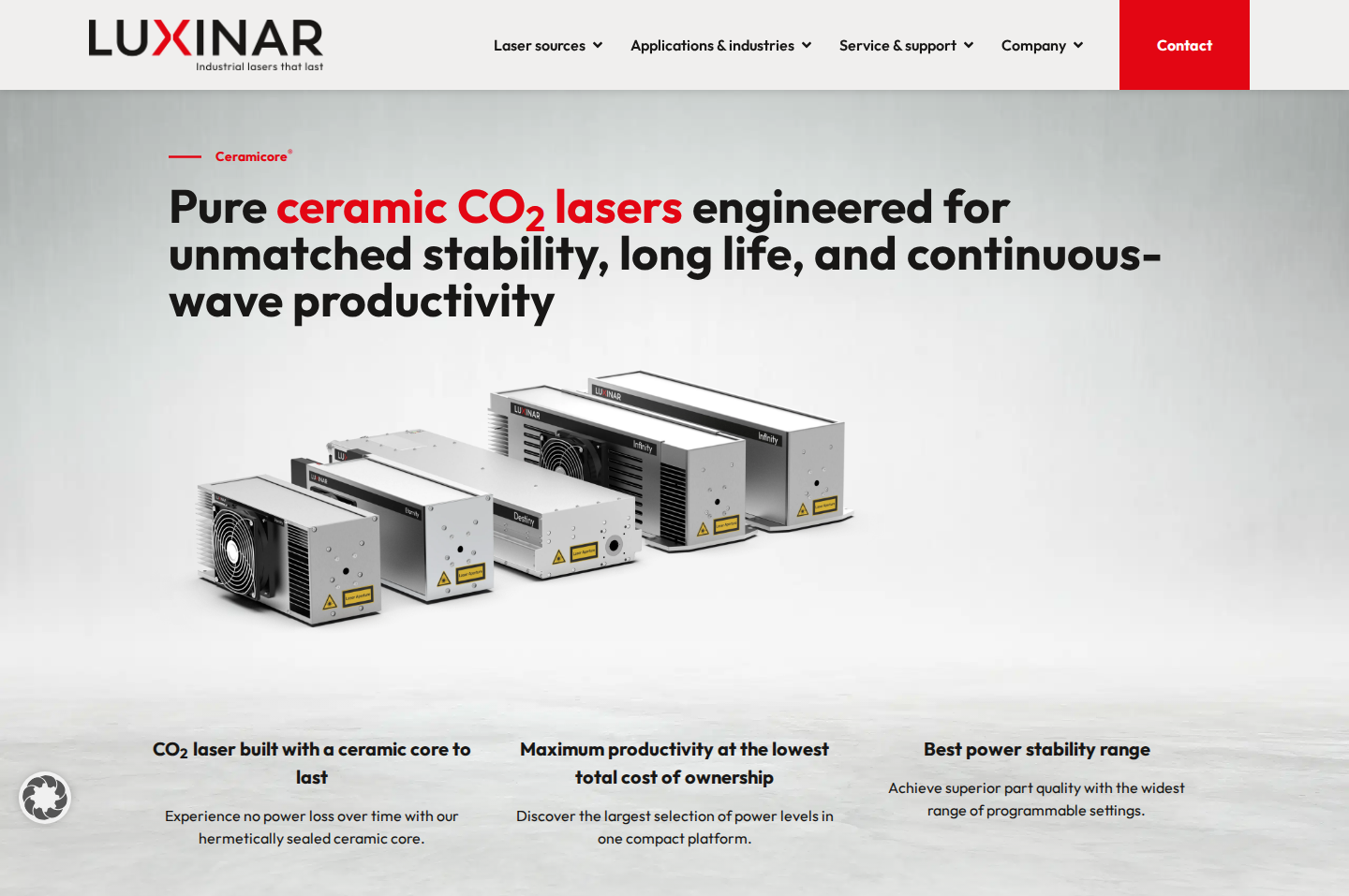 Luxinar Ceramicore® CO₂ laser source hero — product name, headline, and banner image on the Ceramicore product page