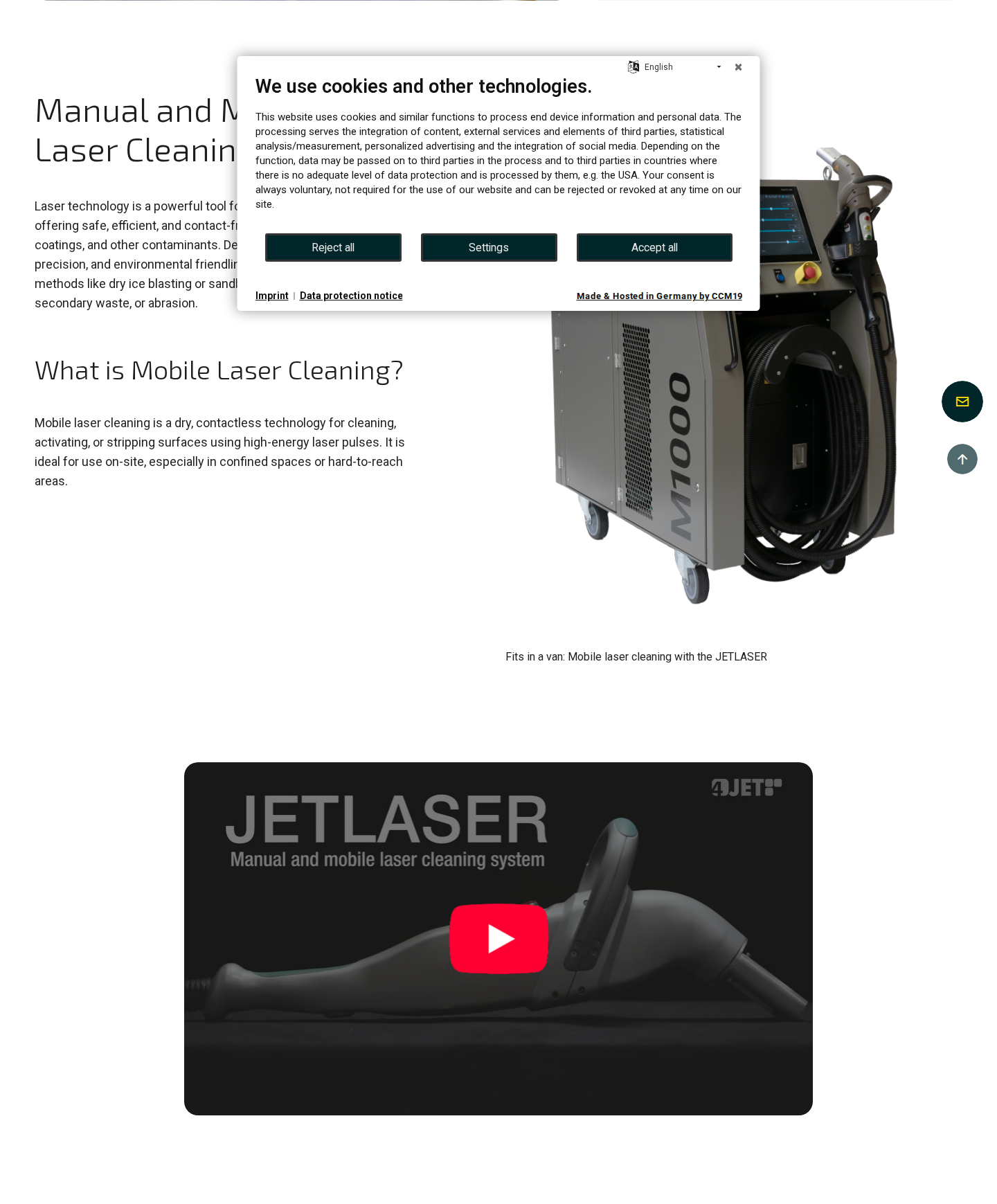 JETLASER hero on 4jet.de: worker cleaning metal, headline 'JETLASER', sub-headline 'Manual and Mobile Laser Cleaning System'.