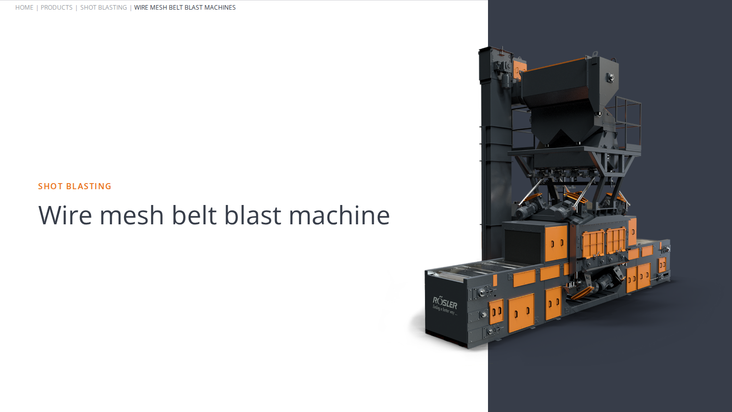 Rösler RDGE wire mesh belt blast machine hero on rosler.com — machine photo, headline, and feature bullets