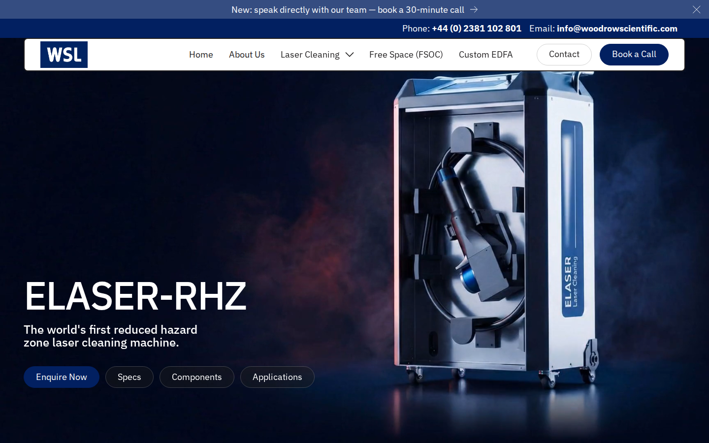 ELASER-RHZ portable laser cleaning system hero on Woodrow Scientific — headline and product image