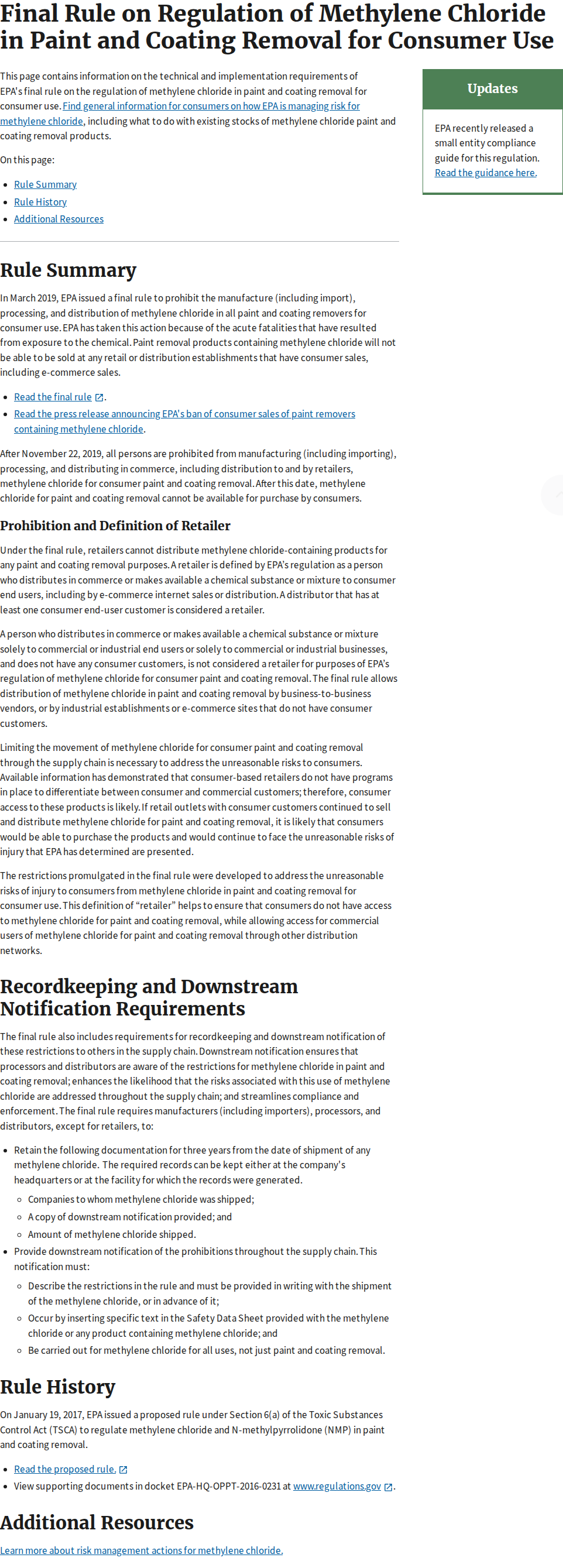 EPA final rule page banning methylene chloride in consumer paint removal — rule title and regulatory summary.