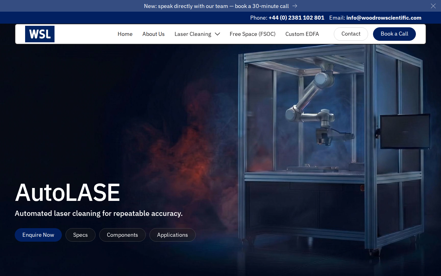 AutoLASE automated laser cleaning cell hero on Woodrow Scientific — product name, sub-headline, and robotic arm system visual