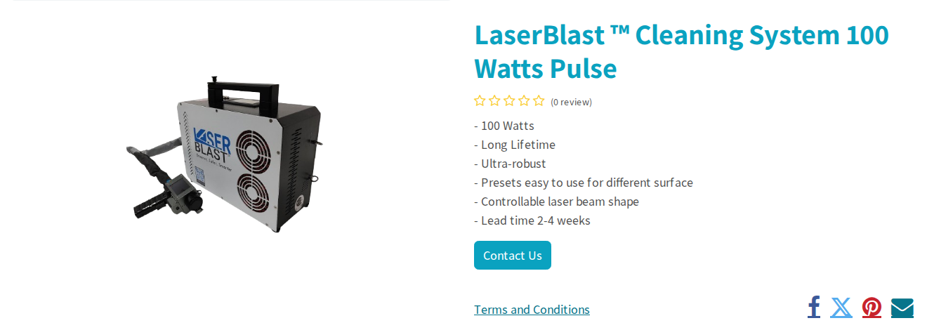 ASP LaserBlast 100 W Cleaning System hero on Allied Scientific Pro shop page, showing the unit and headline specs