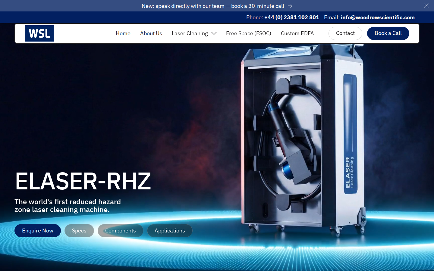 Woodrow Scientific ELASER-RHZ hero — world's first reduced hazard zone laser cleaning machine headline and product visual