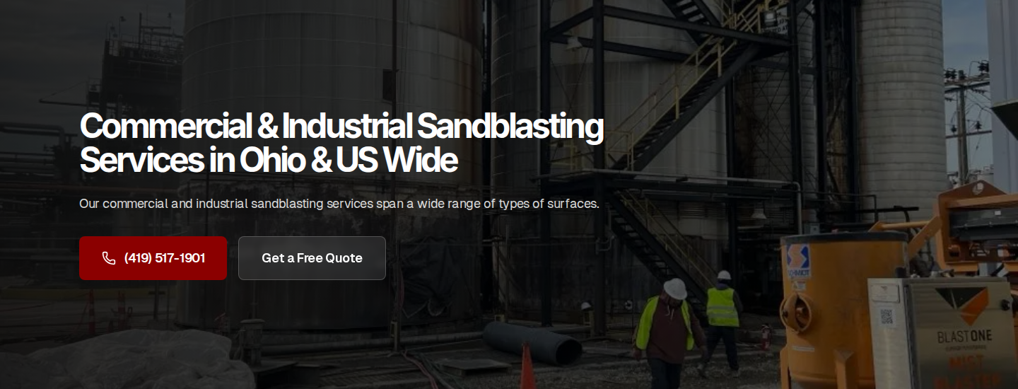 Markley's Precision industrial sandblasting service hero: headline, sub-heading, and NACE/SSPC/ISO/OSHA trust badges