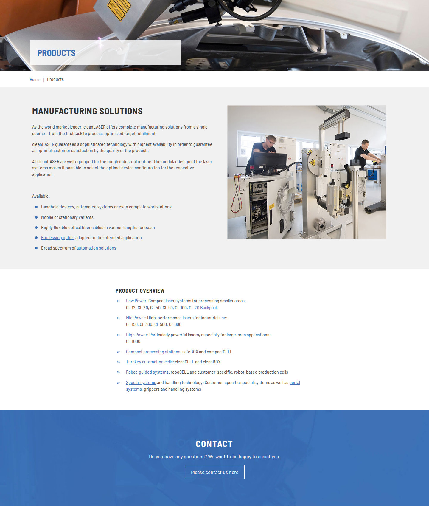 IPG | cleanLASER products page: Manufacturing Solutions hero with product range from compact CL systems to cleanCELL automation