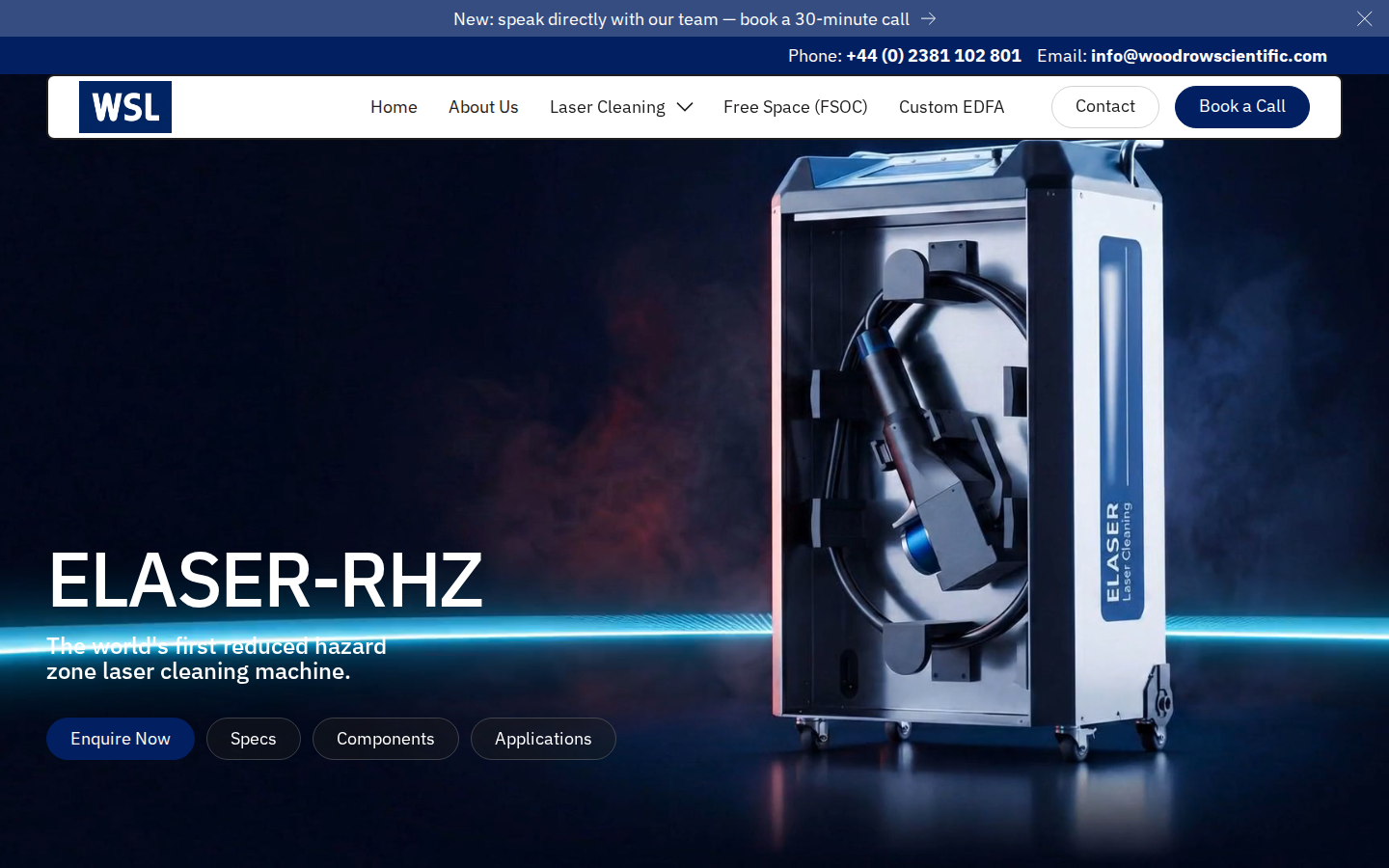 ELASER-RHZ product hero on Woodrow Scientific Limited — world-first reduced hazard zone laser cleaner with CE and UKCA badges