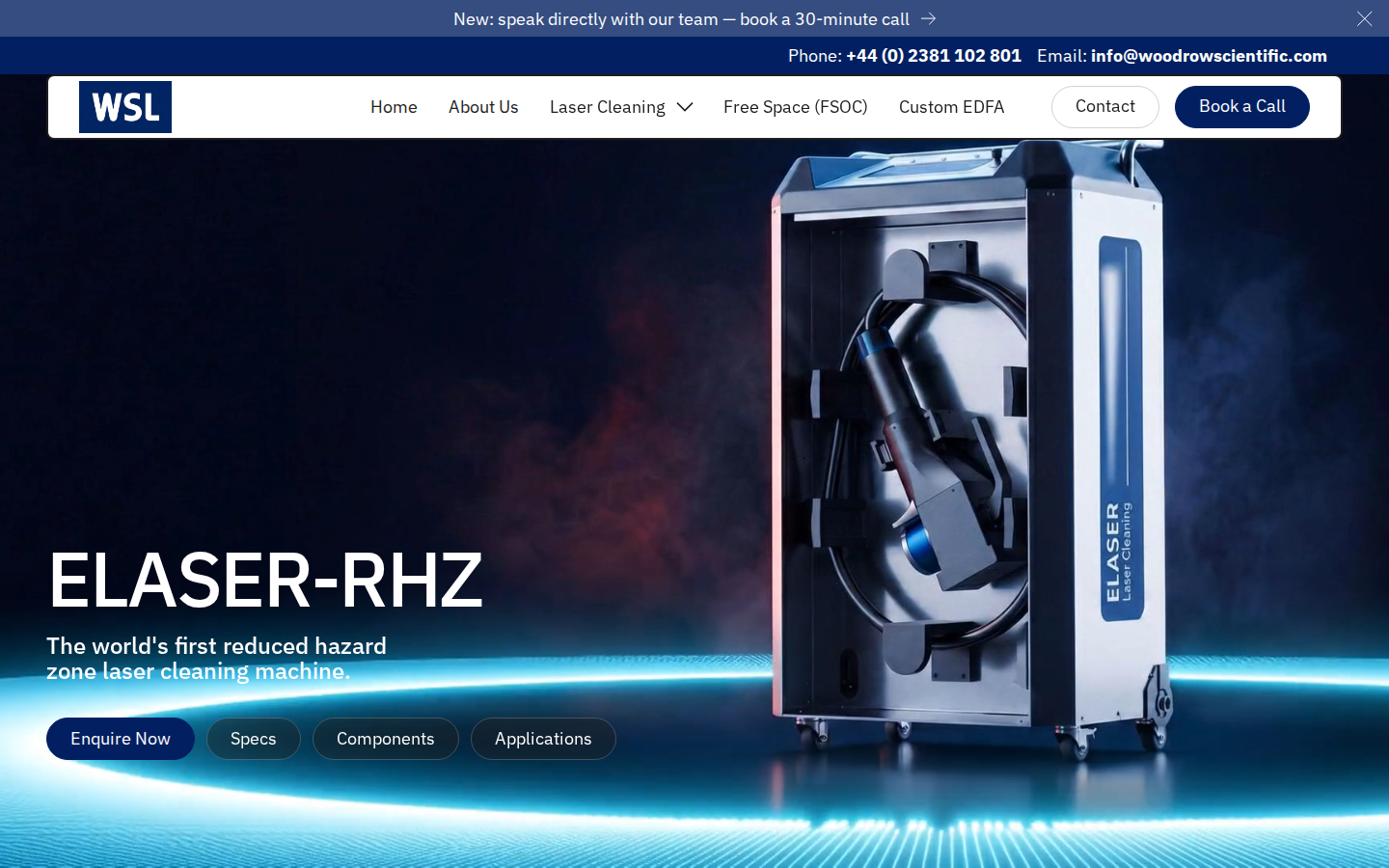 ELASER-RHZ product hero on Woodrow Scientific with headline, sub-headline, and primary machine visual
