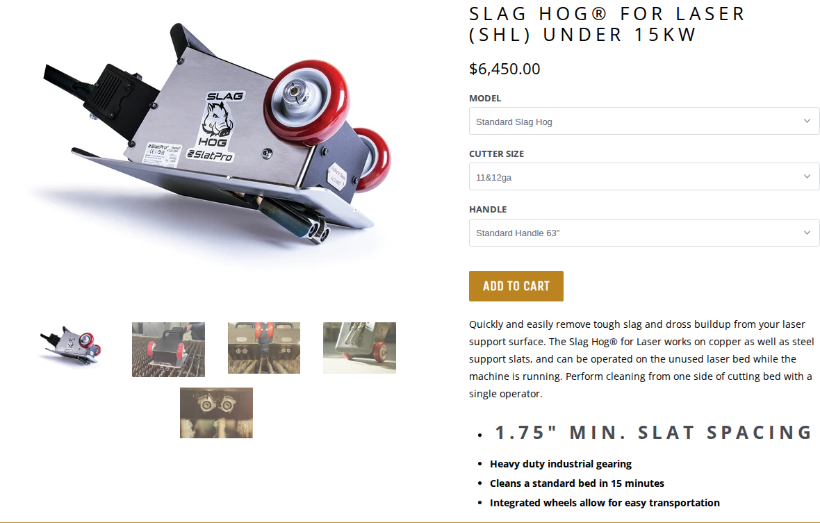 SlatPro SLAG HOG for Laser product hero on slatpro.com showing the tool image, product name, and price