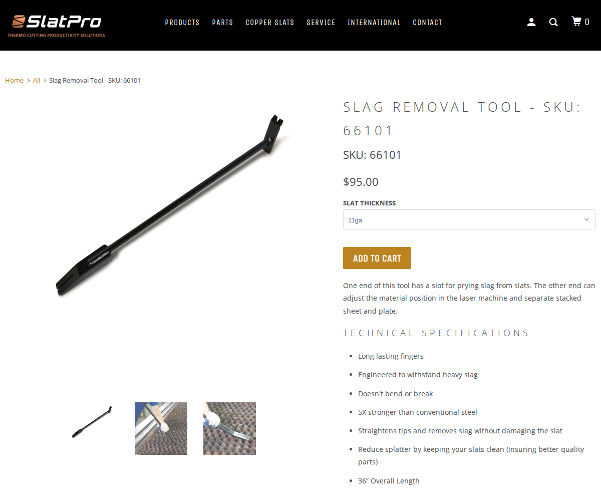 SlatPro Slag Removal Tool product page showing hand-held slat scraper, $95 price, and industrial fabrication specs