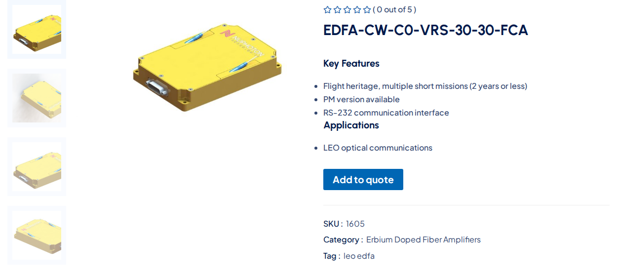 Nuphoton EDFA-CW-C0-VRS-30-30-FCA space-qualified fiber amplifier product page with hardware imagery and key features