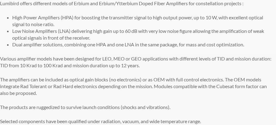 Keopsys aerospace page: HPA and LNA OISL fibre amplifier families with specs for satellite constellation applications