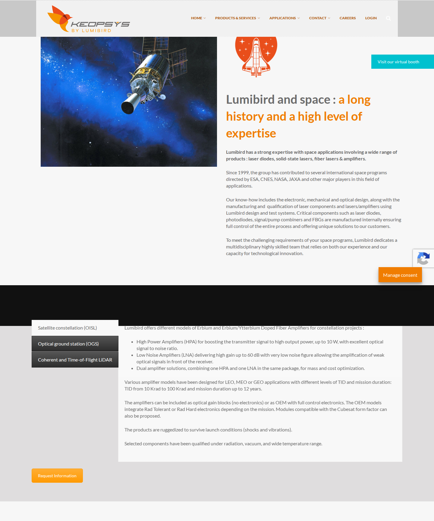 Keopsys aerospace applications hero: 'Space — Innovation in photonics for aerospace applications' headline with space imagery