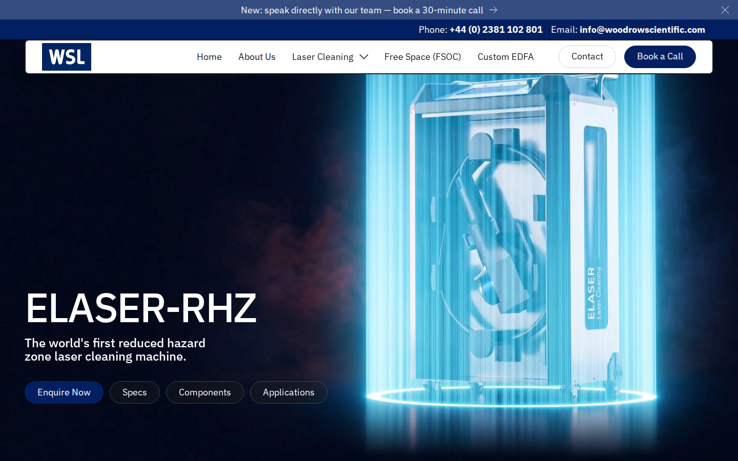 ELASER-RHZ product hero on Woodrow Scientific showing the wheeled laser cleaning unit, headline, and Enquire Now CTA
