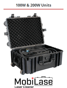 MobiLase Laser Cleaner product card on Rocklin Manufacturing showing the suitcase unit and 100W & 200W Units caption