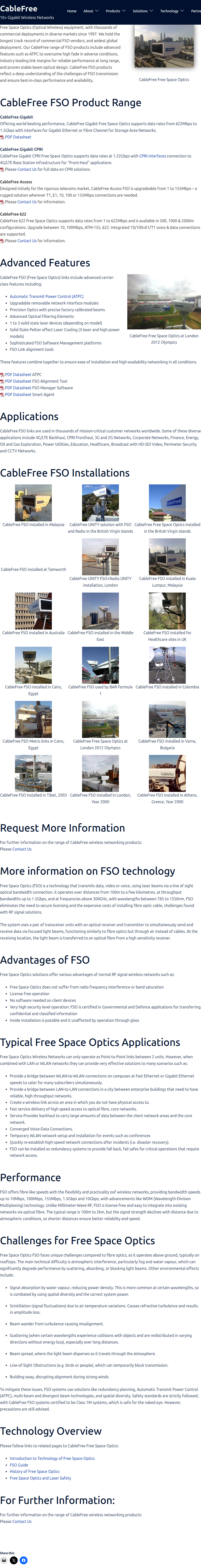CableFree FSO product hero showing the FSO hardware image and carrier-class product introduction headline