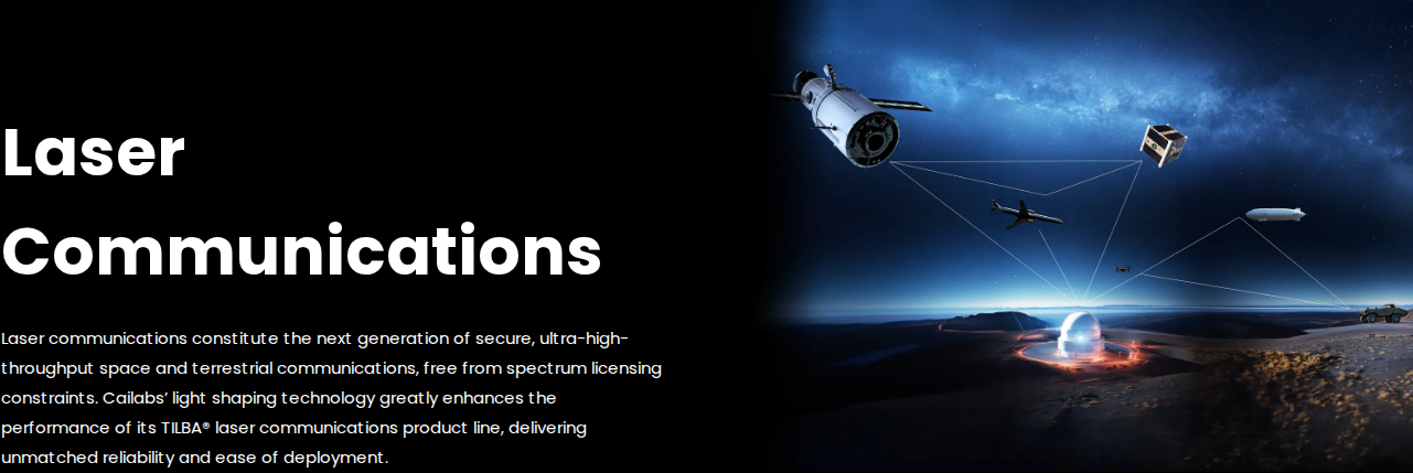 Cailabs laser communications hero with headline, value-prop sub-headline, and TILBA product line banner visual