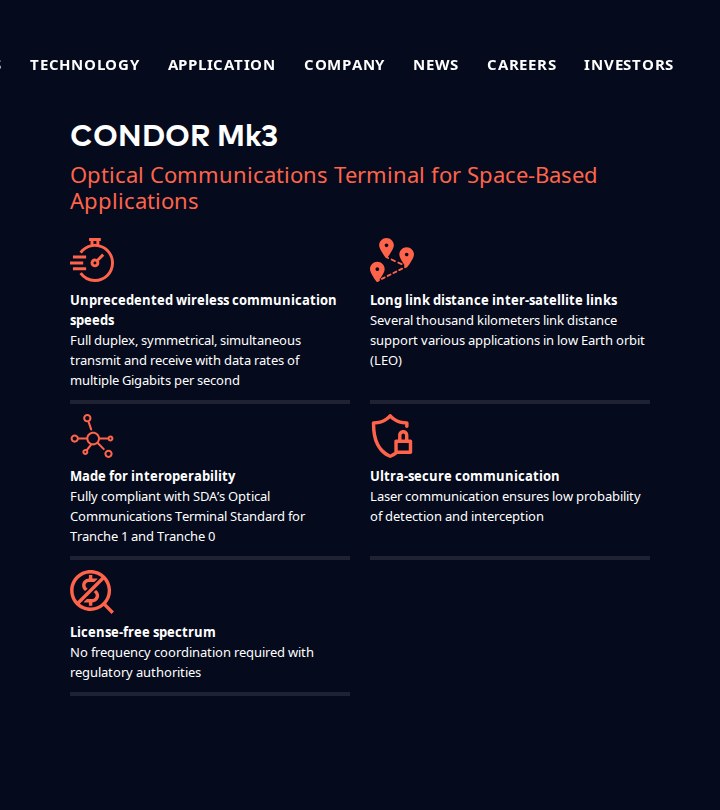 Mynaric CONDOR Mk3 product page hero with headline, sub-heading, and key feature icons for the LEO space terminal