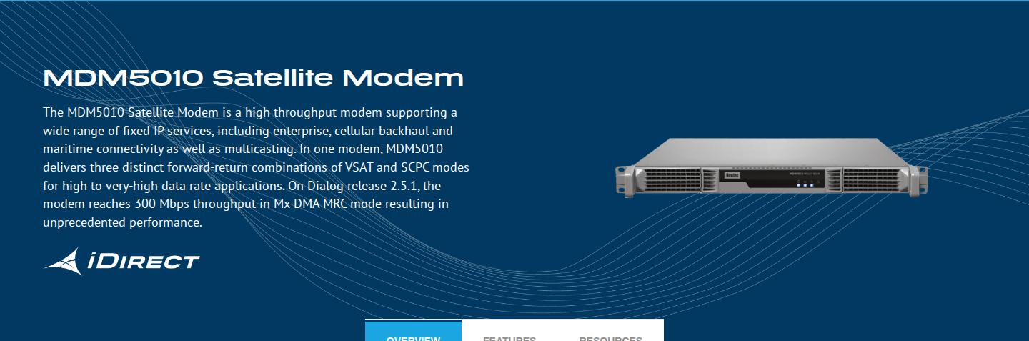 iDirect MDM5010 satellite modem product page on idirect.net with model heading, hardware hero image, and feature tab strip
