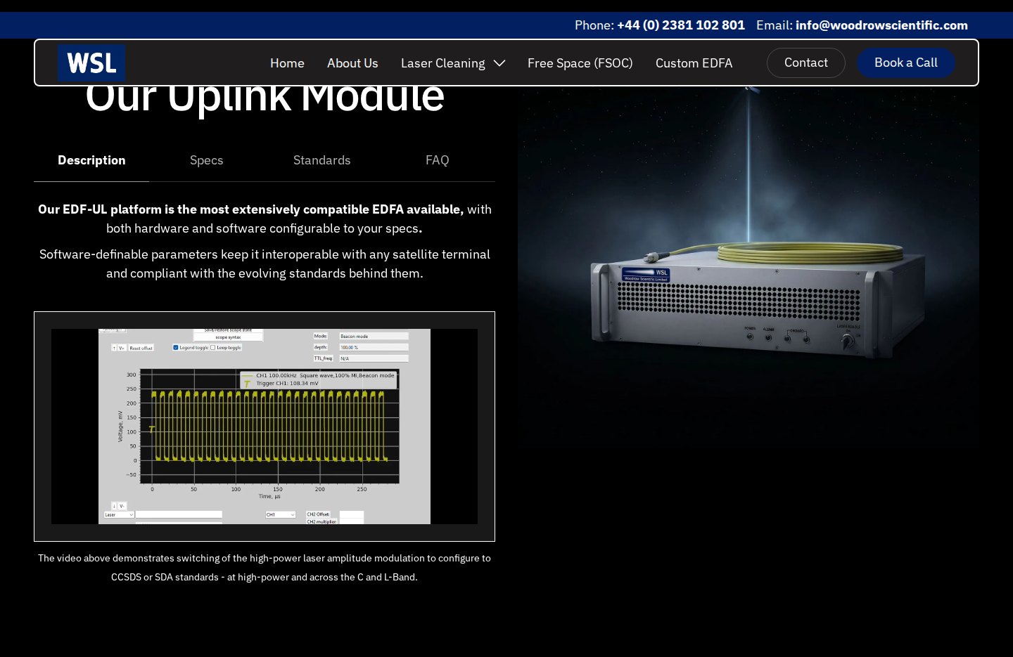 EDF-UL uplink EDFA product hero on Woodrow Scientific showing the physical 3U rack unit and product headline